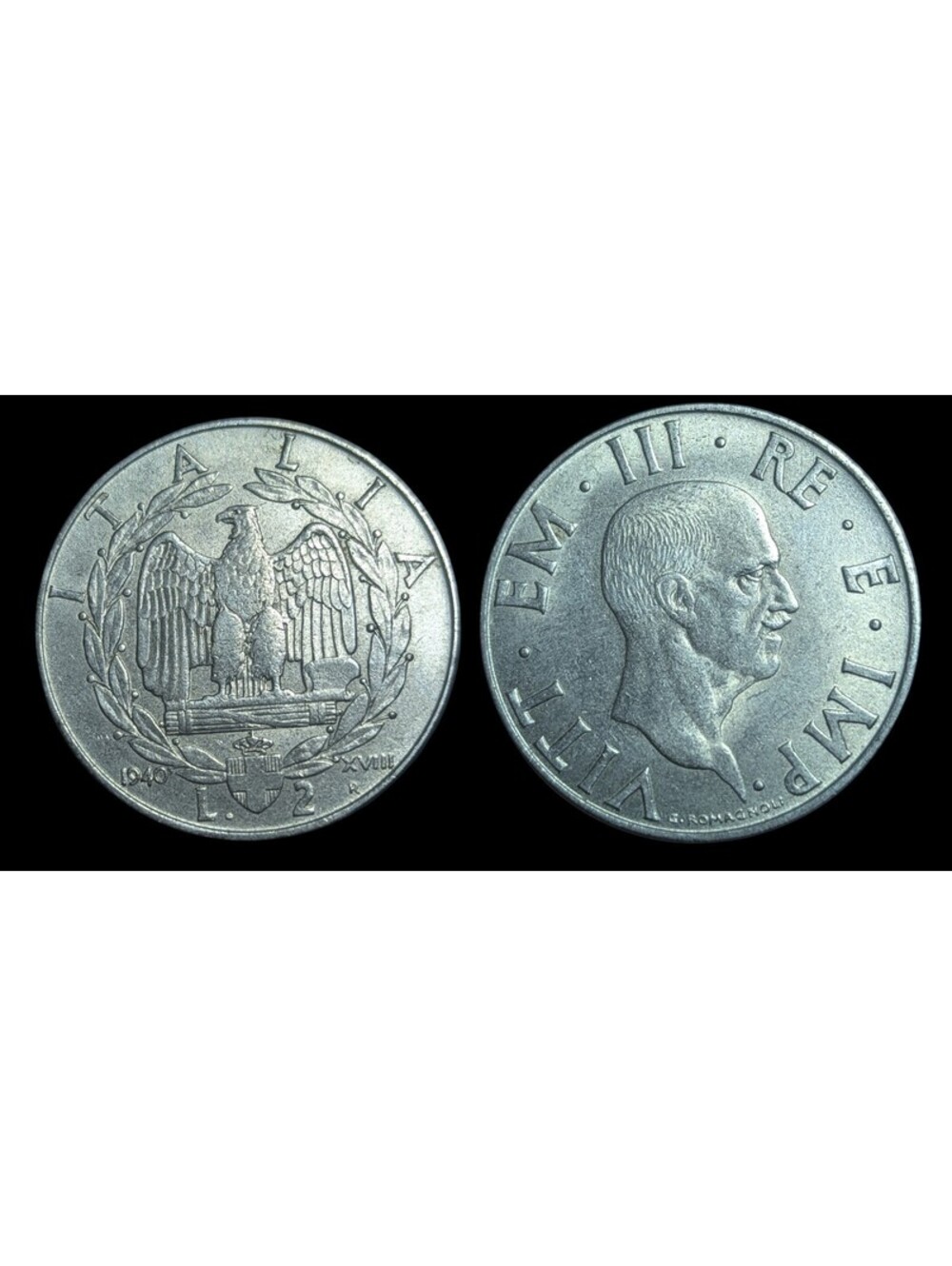 WWII 1939-1941 Italy Vittorio Emanuele III 2 Lire Coin, MUSSOLINI